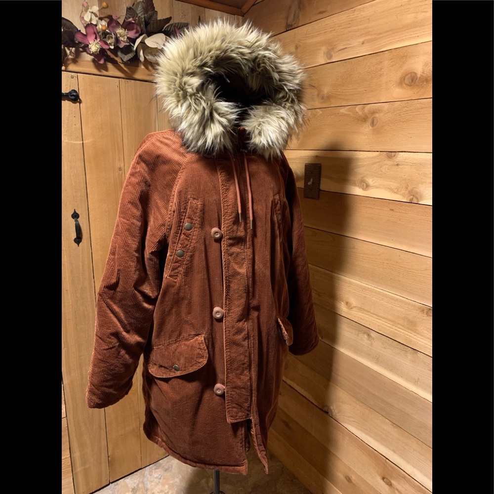 American Eagle Outfitters  Corduroy Coat with Faux Fur Trimmed Hood